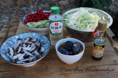 Les légumes : chou chinois, poivrons, shiitakés, echalotes, quetsches, mirin, sesame